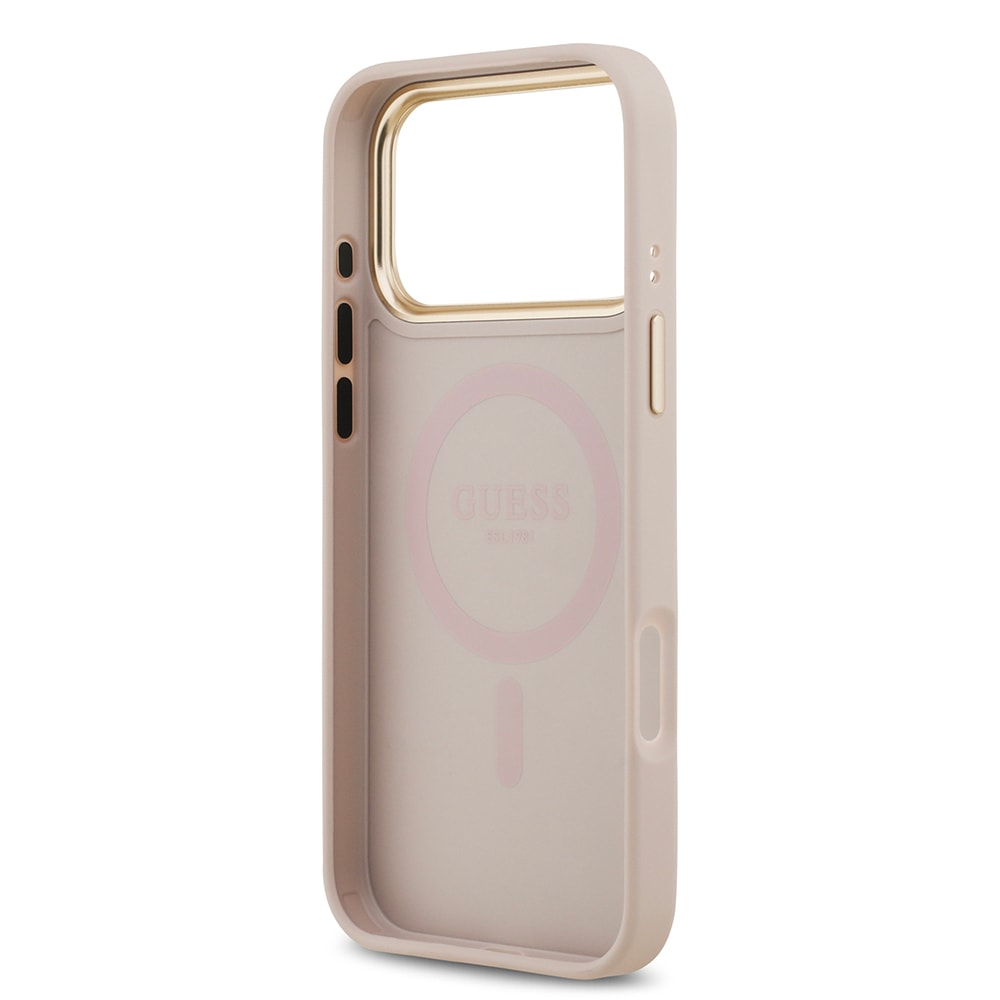 Apple iPhone 17 Pro Max Kılıf Guess Orjinal Lisanslı M-safe Şarj Özellikli Gold Metal Kamera Çerçeveli PU Deri 4G Desenli Yazı Logolu Kapak