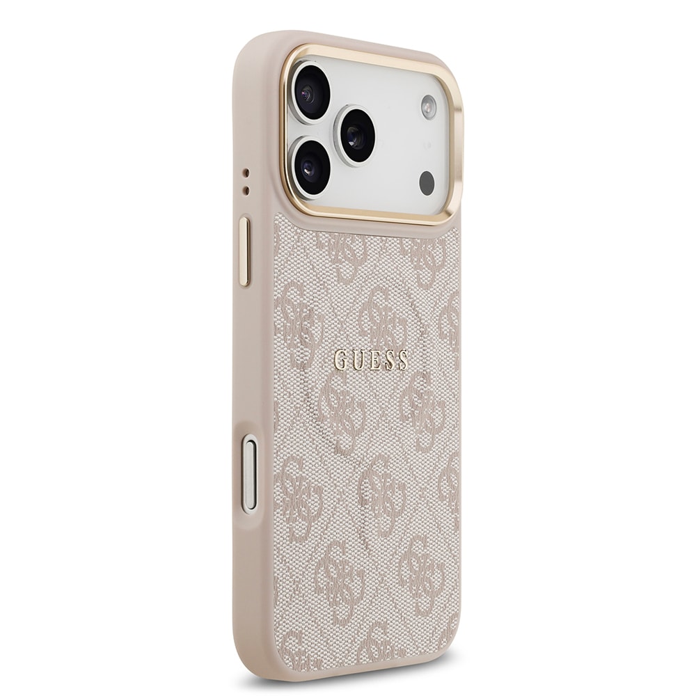 Apple iPhone 17 Pro Max Kılıf Guess Orjinal Lisanslı M-safe Şarj Özellikli Gold Metal Kamera Çerçeveli PU Deri 4G Desenli Yazı Logolu Kapak