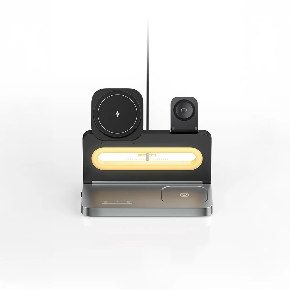 Recci RCW-49 Ambiyans Işıklı Telefon&Akıllı Saat&Kulaklık 15W 4in1 Kablosuz Şarj Standı