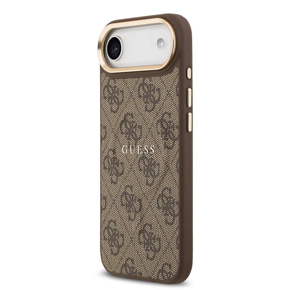 Apple iPhone 17 Air Kılıf Guess Orjinal Lisanslı M-safe Şarj Özellikli Gold Metal Kamera Çerçeveli PU Deri 4G Desenli Yazı Logolu Kapak