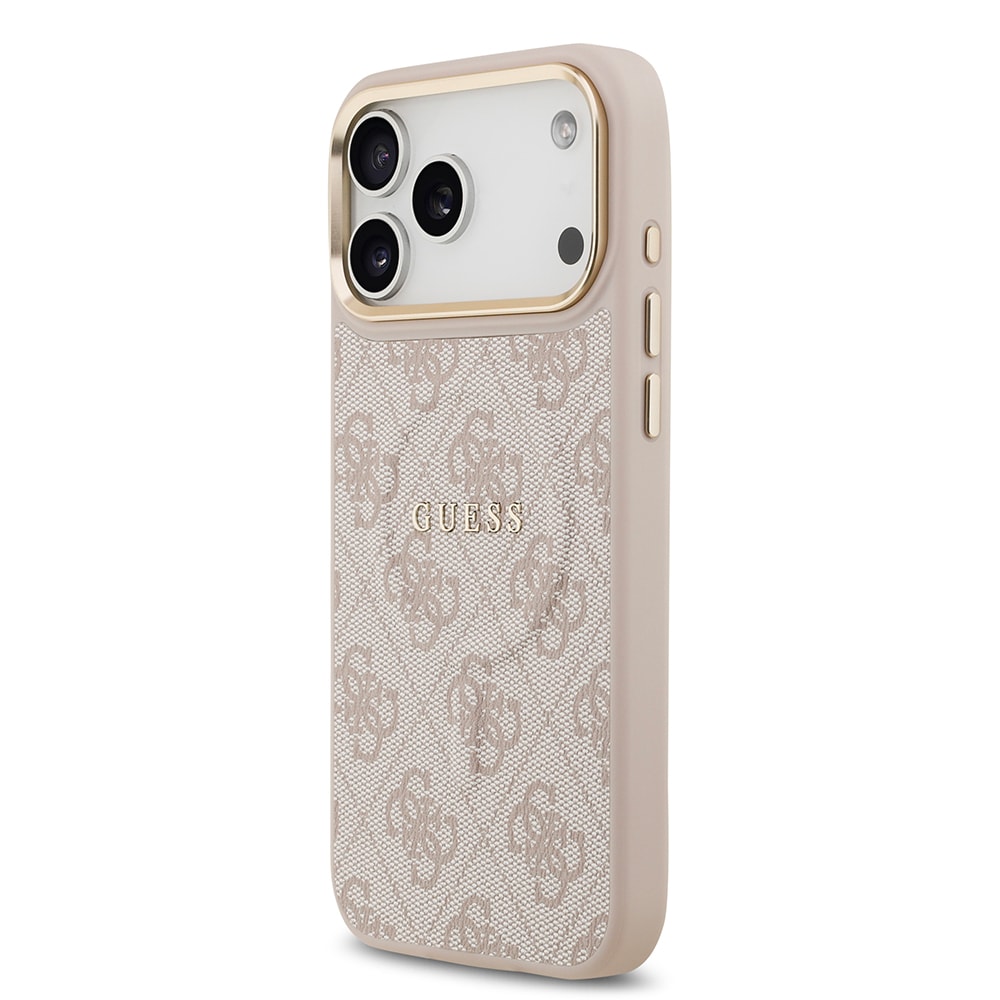 Apple iPhone 17 Pro Max Kılıf Guess Orjinal Lisanslı M-safe Şarj Özellikli Gold Metal Kamera Çerçeveli PU Deri 4G Desenli Yazı Logolu Kapak