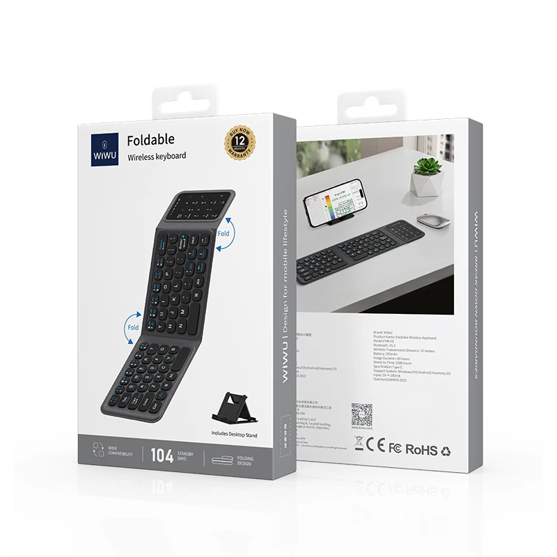 Wiwu FMK-05 iOS Android Windows Uyumlu Katlanabilir Bluetooth Kablosuz Klavye + Masaüstü Telefon Standı
