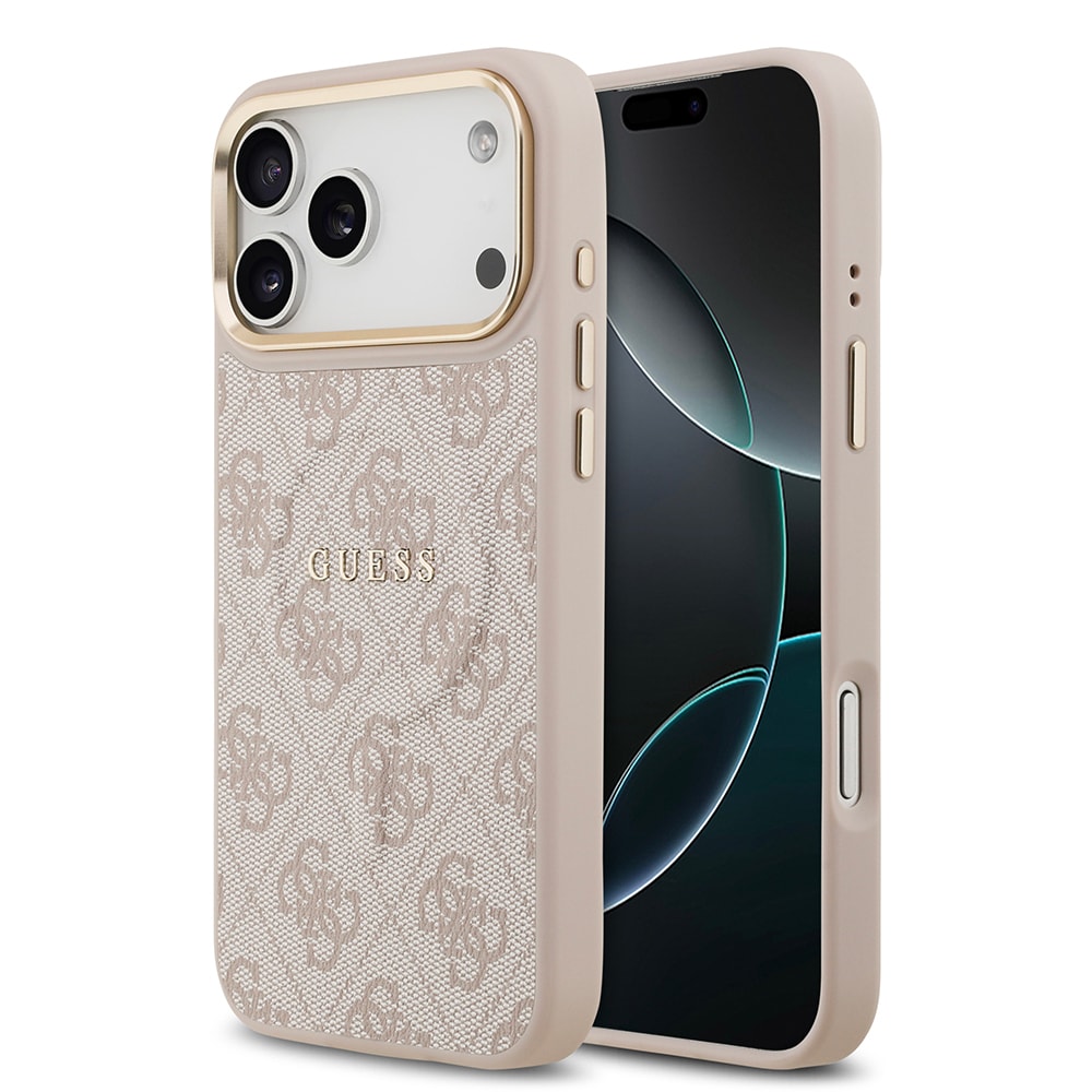 Apple iPhone 17 Pro Max Kılıf Guess Orjinal Lisanslı M-safe Şarj Özellikli Gold Metal Kamera Çerçeveli PU Deri 4G Desenli Yazı Logolu Kapak