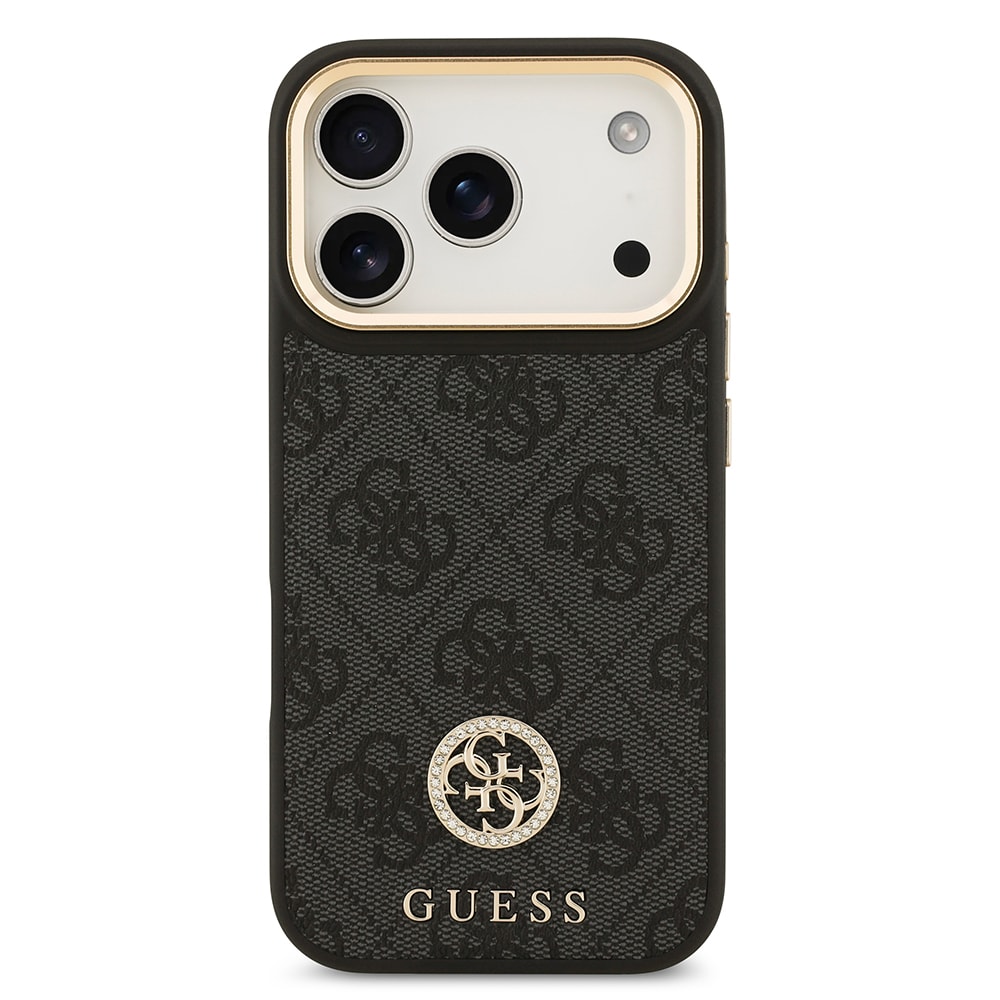 Apple iPhone 17 Pro Kılıf Guess Orjinal Lisanslı M-safe Şarj Özellikli Gold Metal Kamera Çerçeveli Taşlı 4G Logolu Kapak