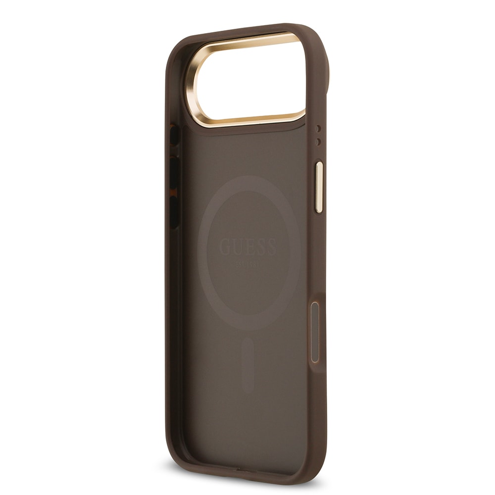Apple iPhone 17 Air Kılıf Guess Orjinal Lisanslı M-safe Şarj Özellikli Gold Metal Kamera Çerçeveli PU Deri 4G Desenli Yazı Logolu Kapak