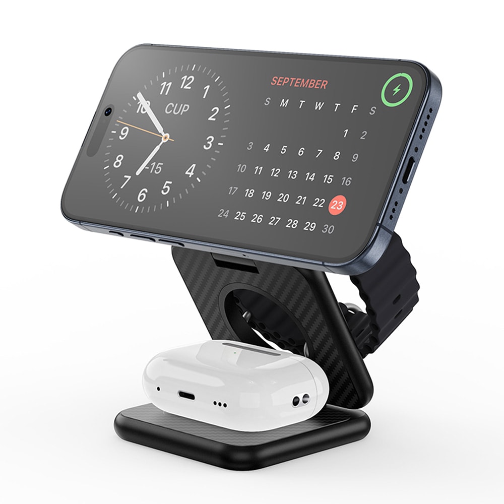 Wiwu Wi-W035 3 in 1 Magnetik Hızlı Şarj Özellikli Aramid Fiber Kablosuz Şarj Standı 15W