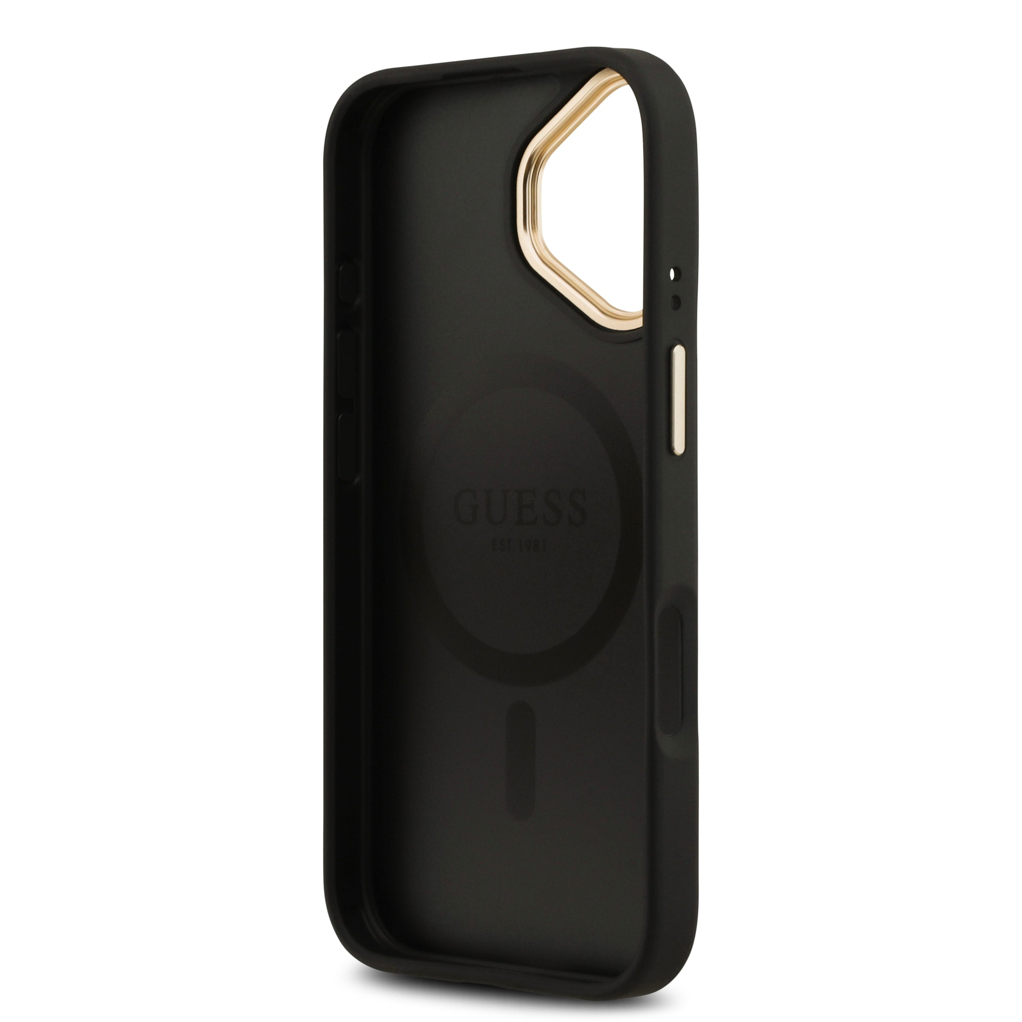 Apple iPhone 17 Kılıf Guess Orjinal Lisanslı M-safe Şarj Özellikli Gold Metal Kamera Çerçeveli PU Deri 4G Desenli Yazı Logolu Kapak