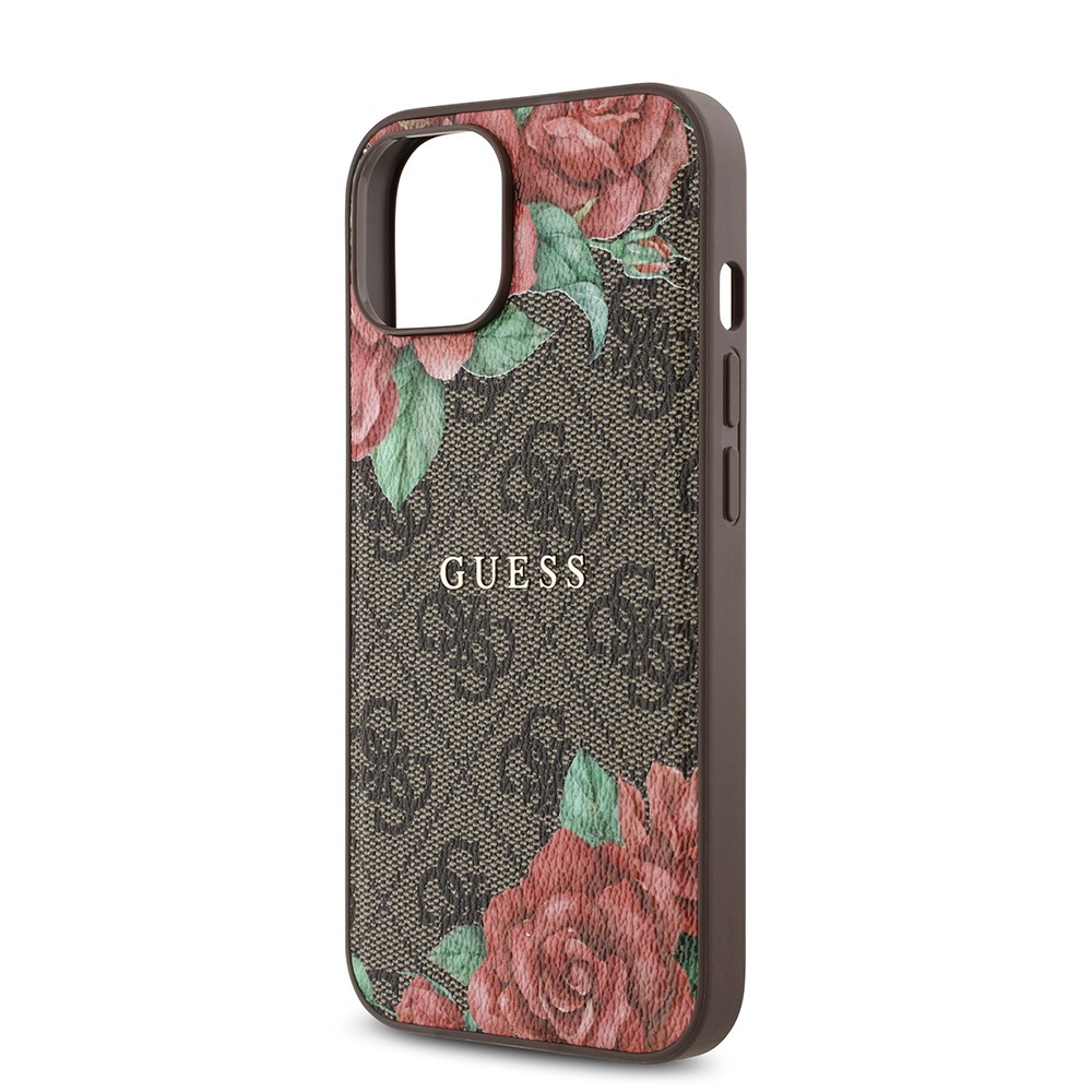 iPhone 14 Kılıf Guess Orjinal Lisanslı Magsafe Şarj Özellikli Gül Baskılı 4G Desenli Yazı Logolu Kılıf