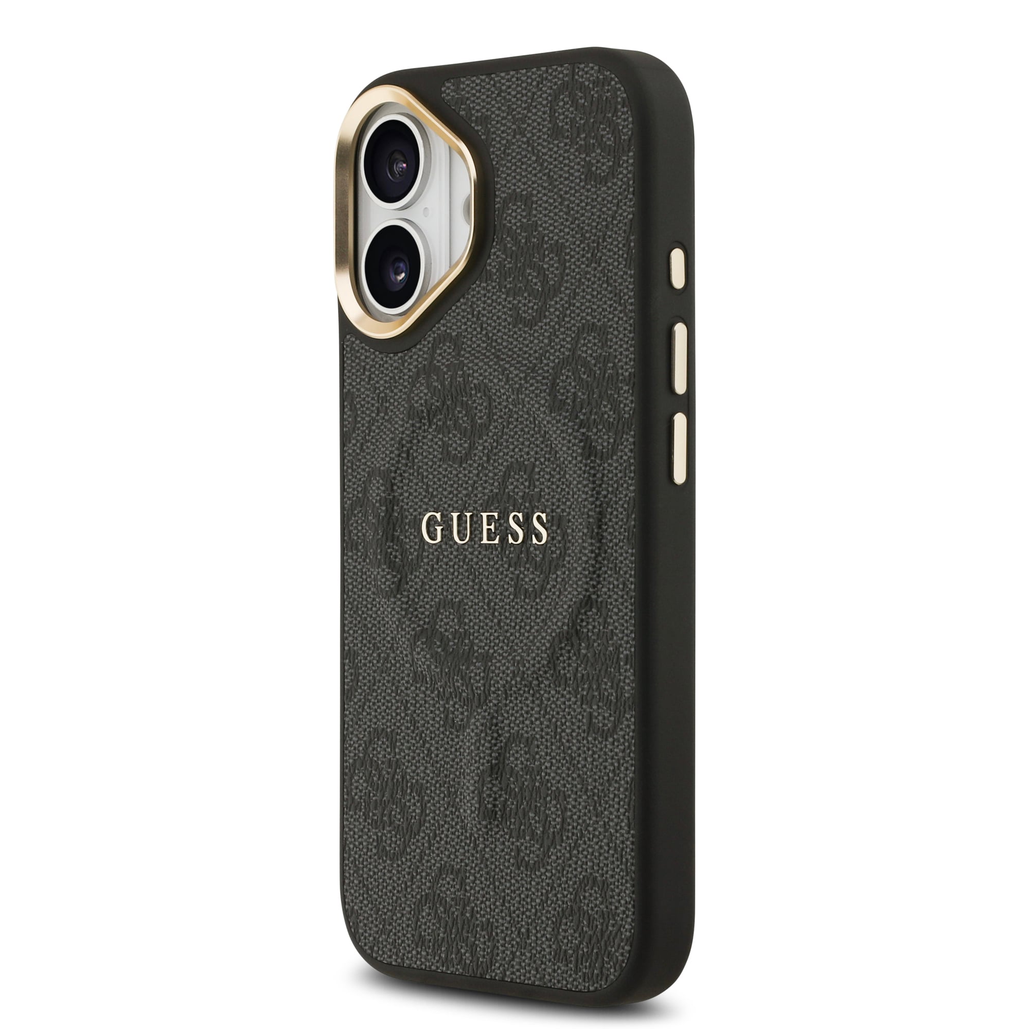 Apple iPhone 17 Kılıf Guess Orjinal Lisanslı M-safe Şarj Özellikli Gold Metal Kamera Çerçeveli PU Deri 4G Desenli Yazı Logolu Kapak