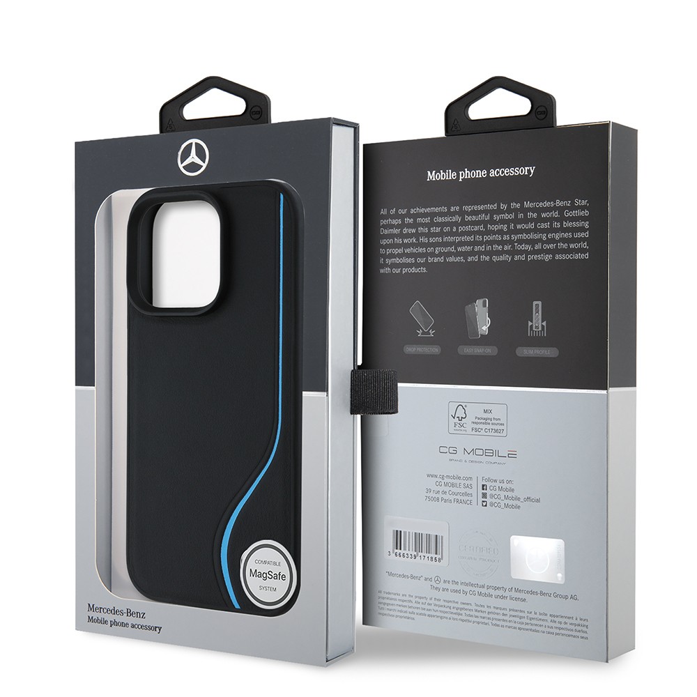 Apple iPhone 16 Pro Kılıf Mercedes Benz Orjinal Lisanslı M-safe Şarj Özellikli 3D Metal Logolu Mavi Dikey Eğri Çizgili Deri Kapak