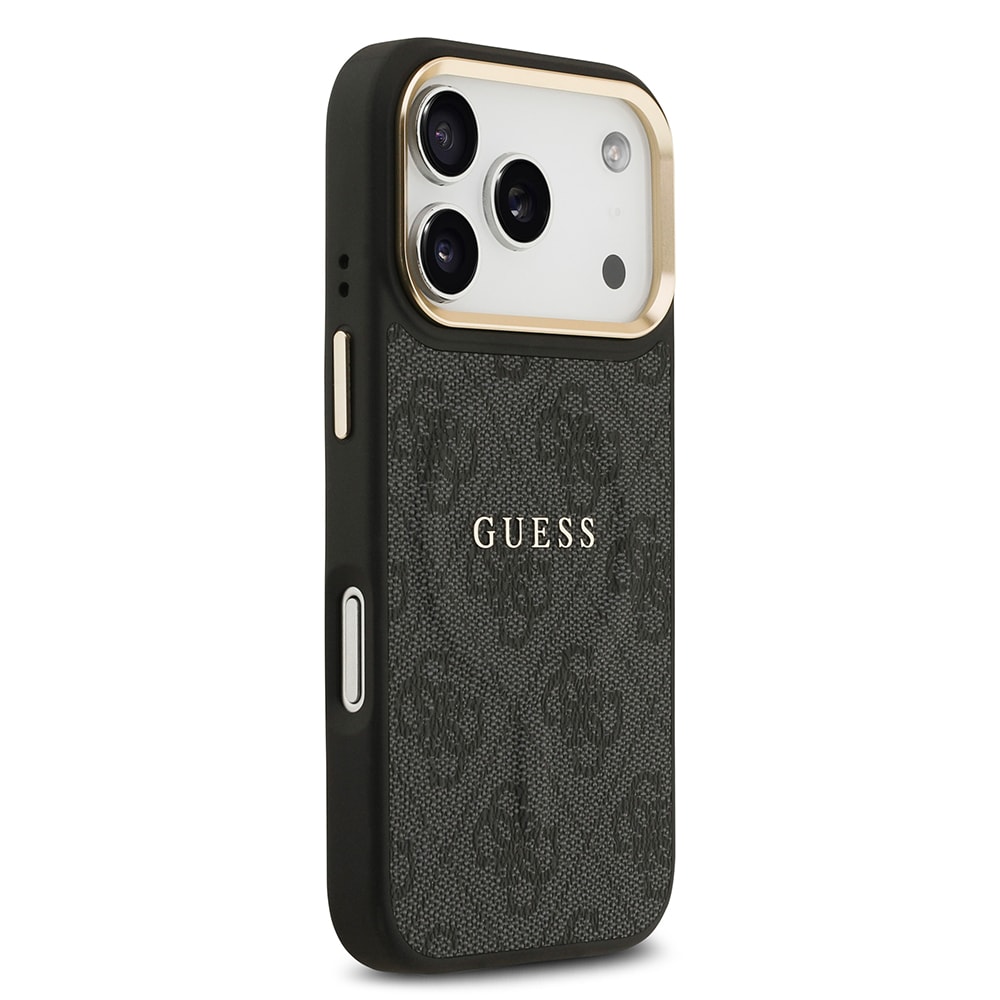 Apple iPhone 17 Pro Kılıf Guess Orjinal Lisanslı M-safe Şarj Özellikli Gold Metal Kamera Çerçeveli PU Deri 4G Desenli Yazı Logolu Kapak