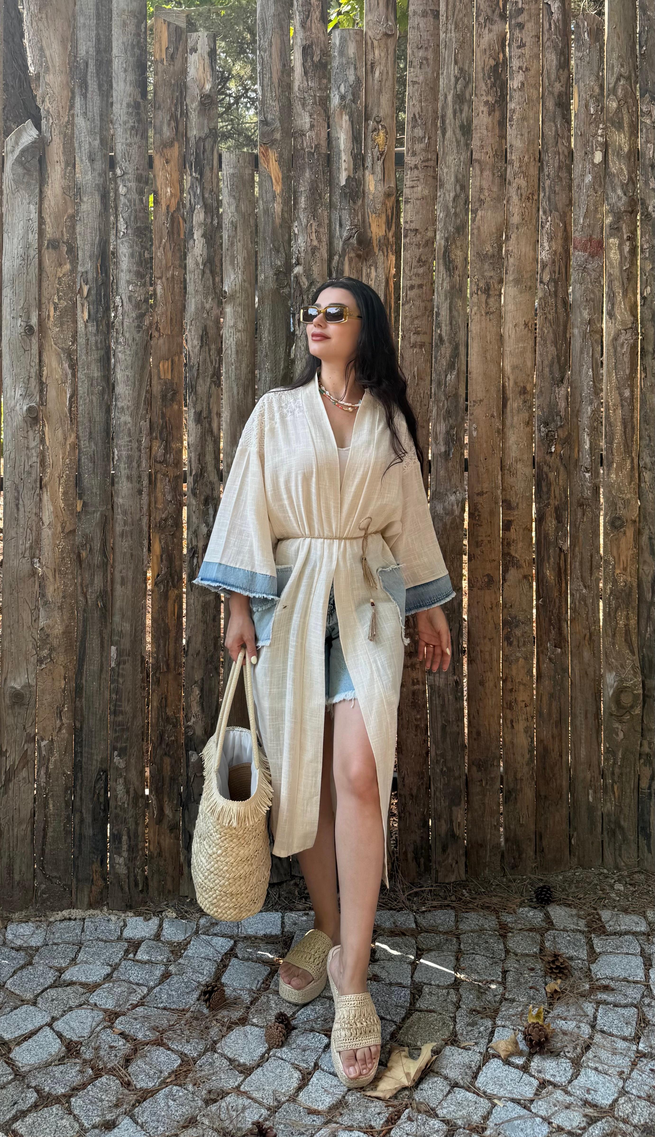 BOHEM HASIR KUŞAKLI KOT DETAYLI KETEN KİMONO KAFTAN