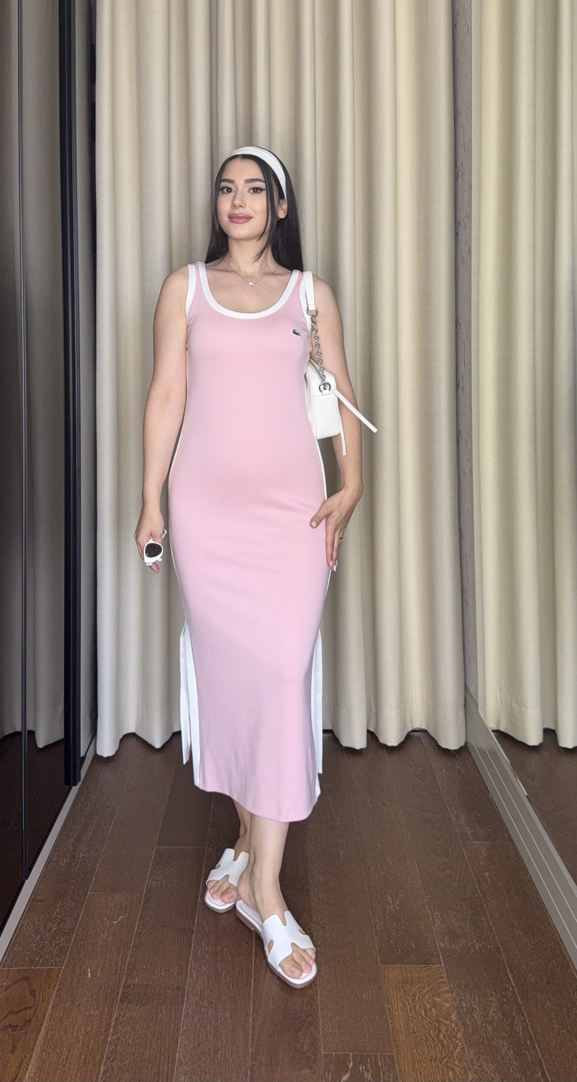ORİJİNAL MARKA PEMBE ASKILI YIRTMAÇLI PENYE ELBİSE