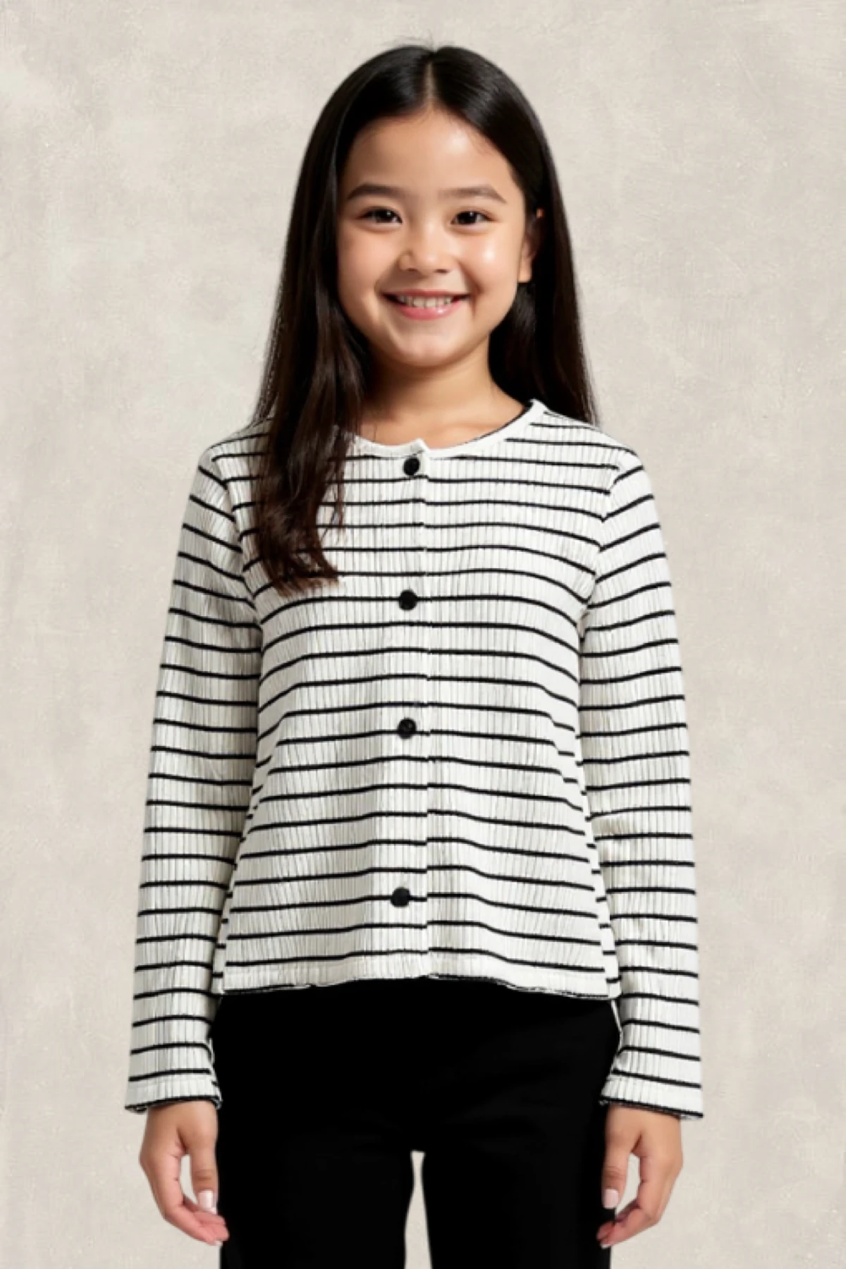 Çizgili, Uzun Kollu, Düğmeli Triko