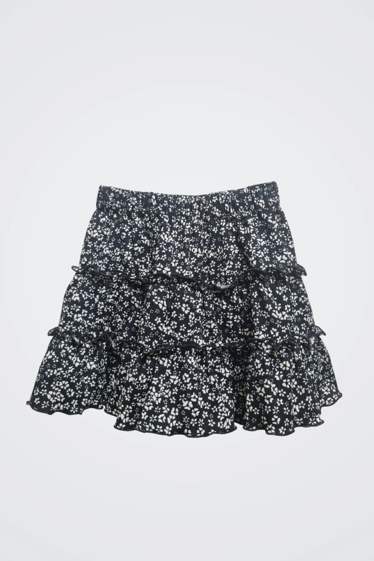 Çiçekli Fırfırlı Siyah Etek