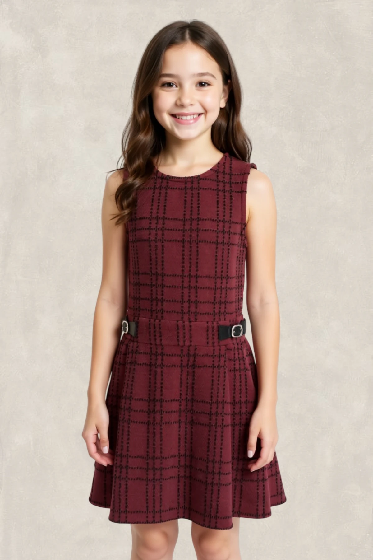 Çift Tokalı Ekose Elbise