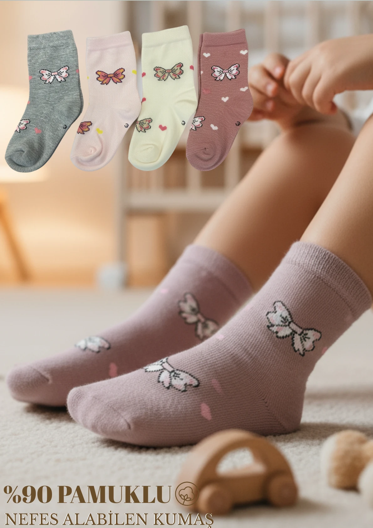 Pink Bunny Fiyonk Desenli Çocuk Çorap Seti