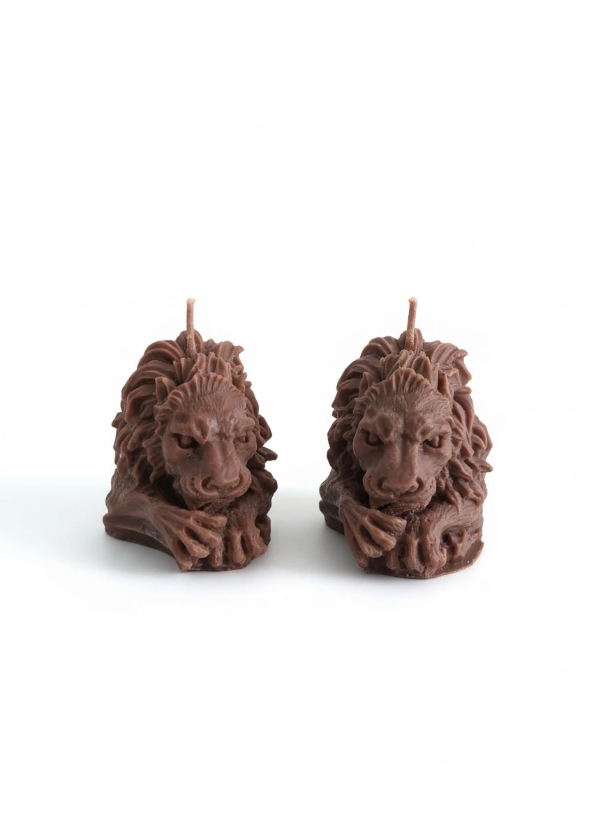 Aslan Figürlü Dekoratif 2’li Mum, El Yapımı Soya Mum, Güç ve Zarafetin Simgesi