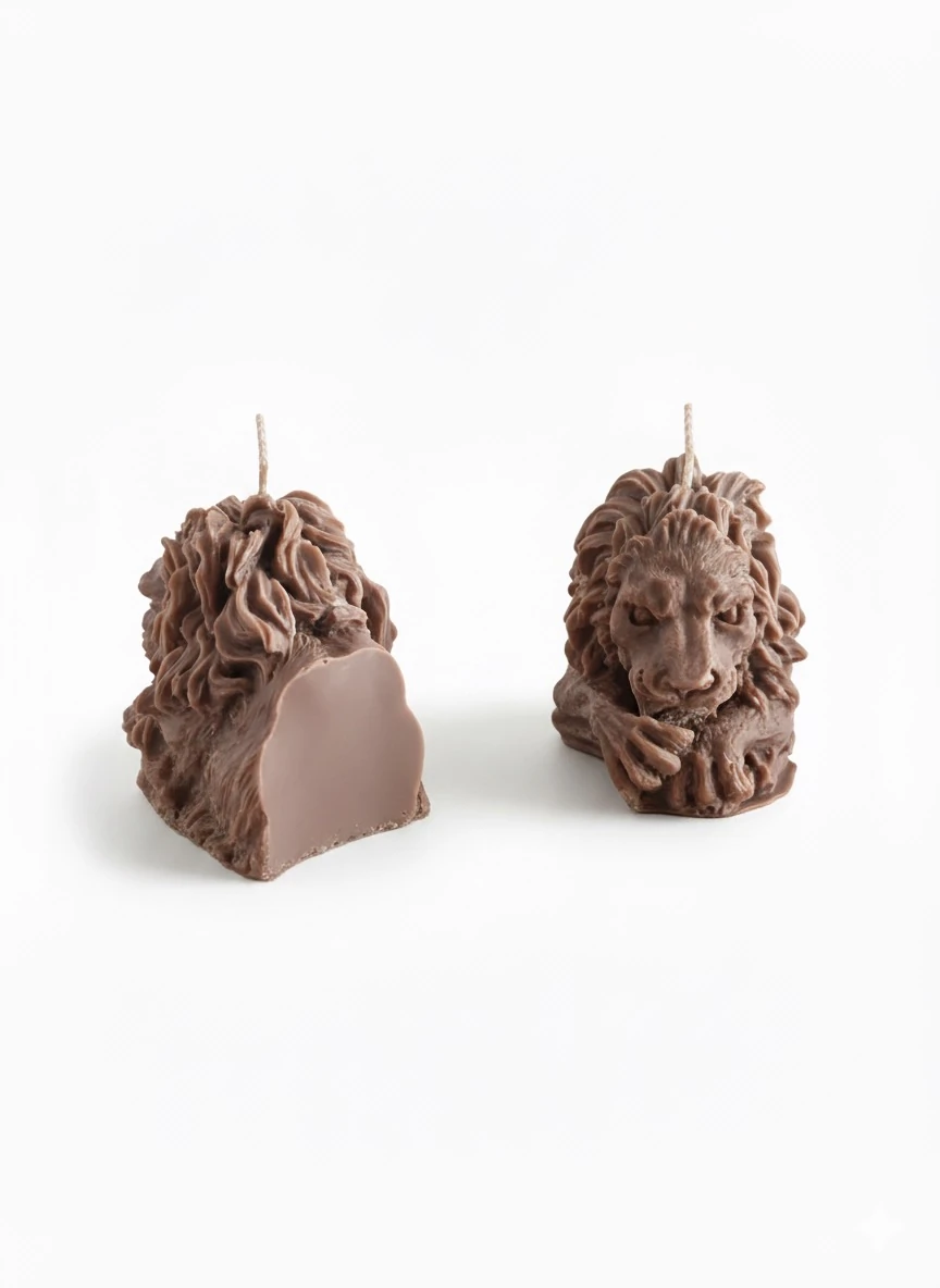 Aslan Figürlü Dekoratif 2’li Mum, El Yapımı Soya Mum, Güç ve Zarafetin Simgesi