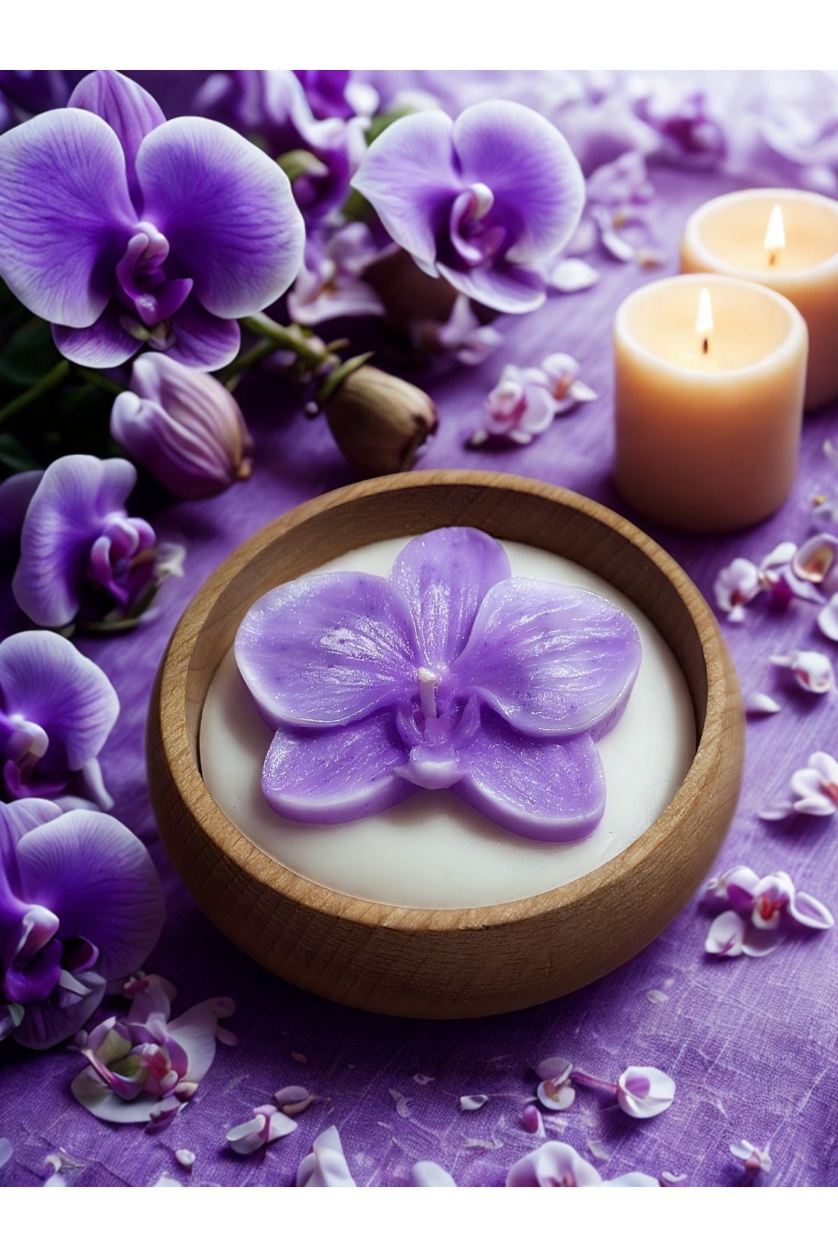 Ahşap Kaseli Orkide Formlu Soya Mumu – Floral Kokulu