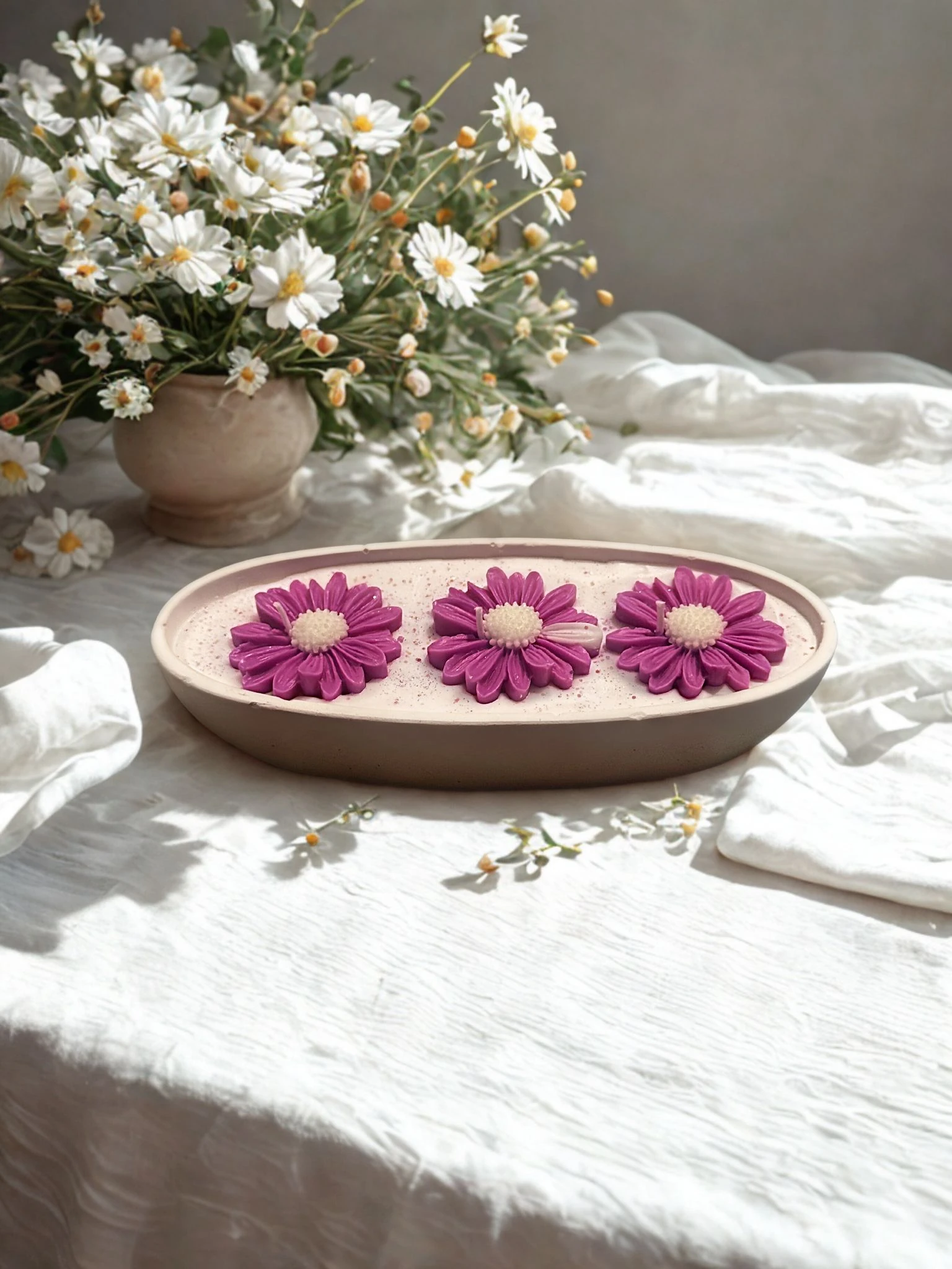 El Yapımı Taş Tozu Kase + Papatya Formlu Soya Mum