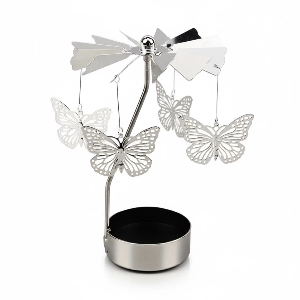 Kelebek Desenli Gümüş Metal Dönen Mumluk