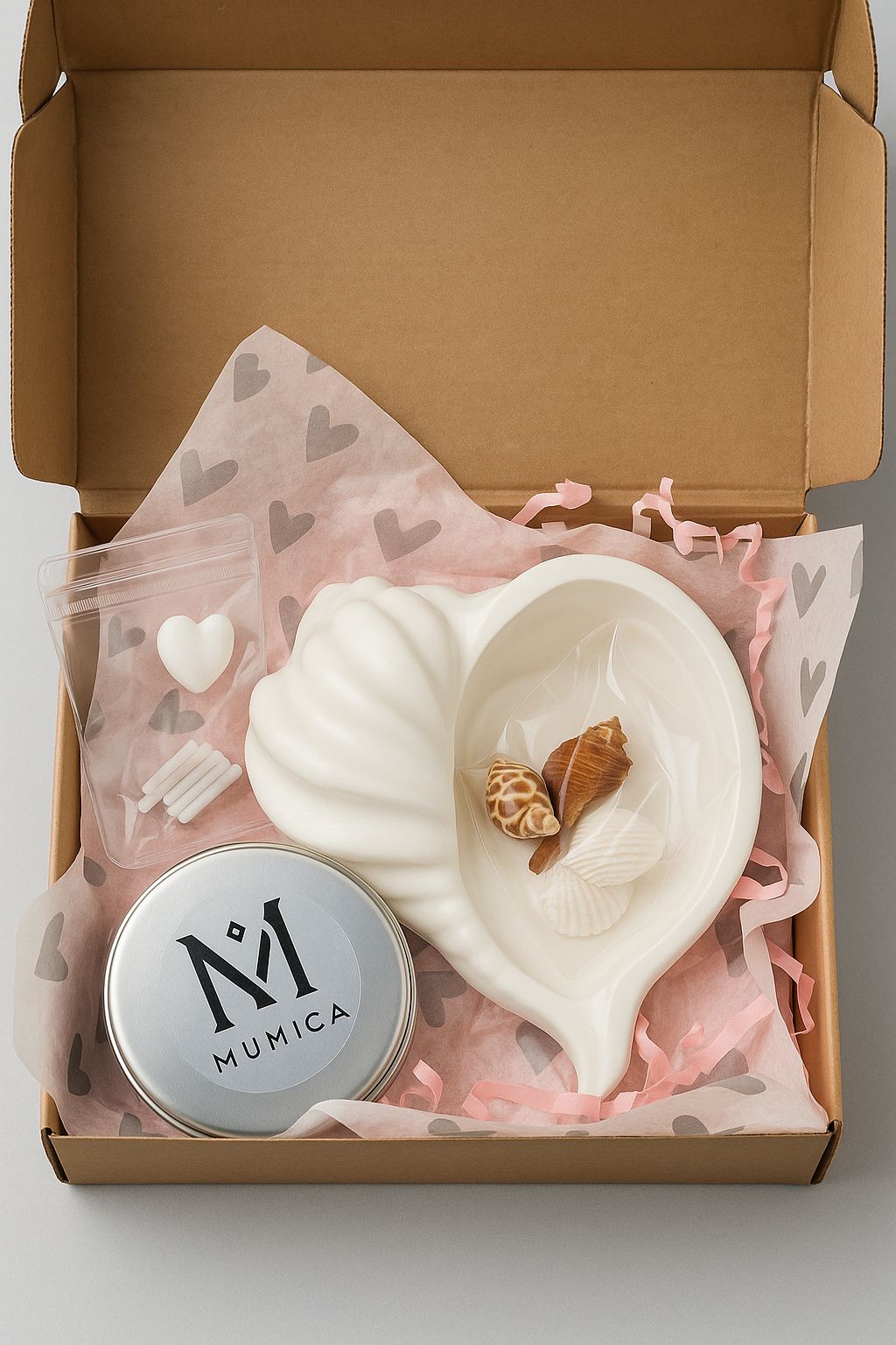 Şık Hediyelik Mum Seti – Midye Obje, Kokulu İnci Toz Mum ve Fitil