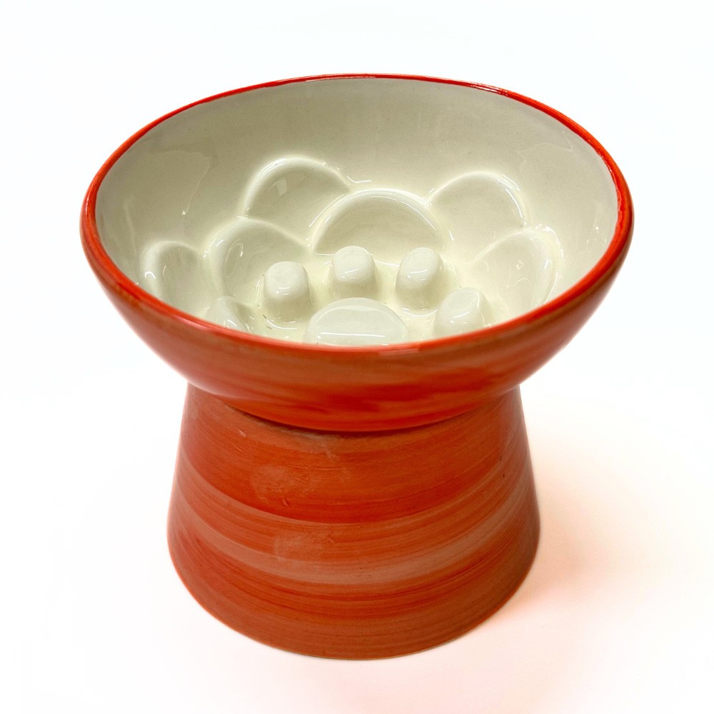 PS25-09- Seramik Yüksek Yavaş Yeme Mama Kabı – 400 ml- Turuncu Desen