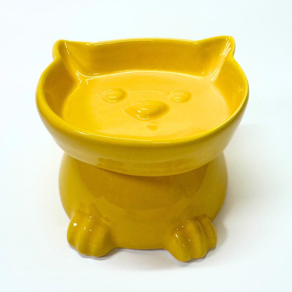 PS25-17- Ayaklı Kedi Kafa Figürlü Seramik Mama Kabı – 300 ml- Sarı