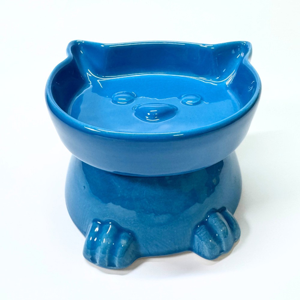 PS25-14- Ayaklı Kedi Kafa Figürlü Seramik Mama Kabı – 300 ml - Mavi
