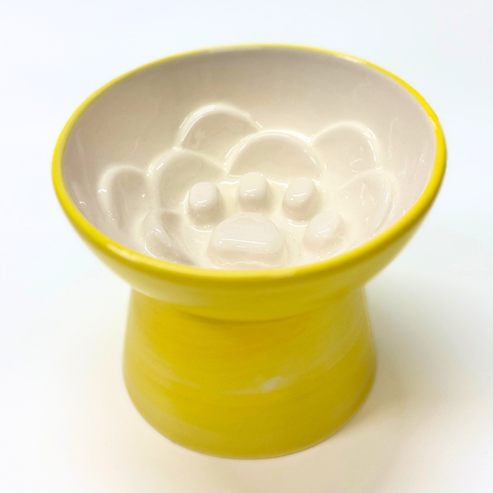 PS25-11- Seramik Yüksek Yavaş Yeme Mama Kabı – 400 ml- Sarı Desen