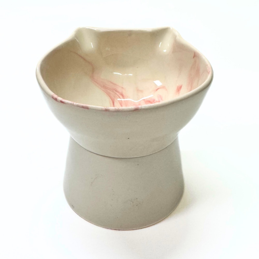 PS25-08- Kedi Figürlü Yüksek Seramik Mama ve Su Kabı– 400 ml- Pembe Desen
