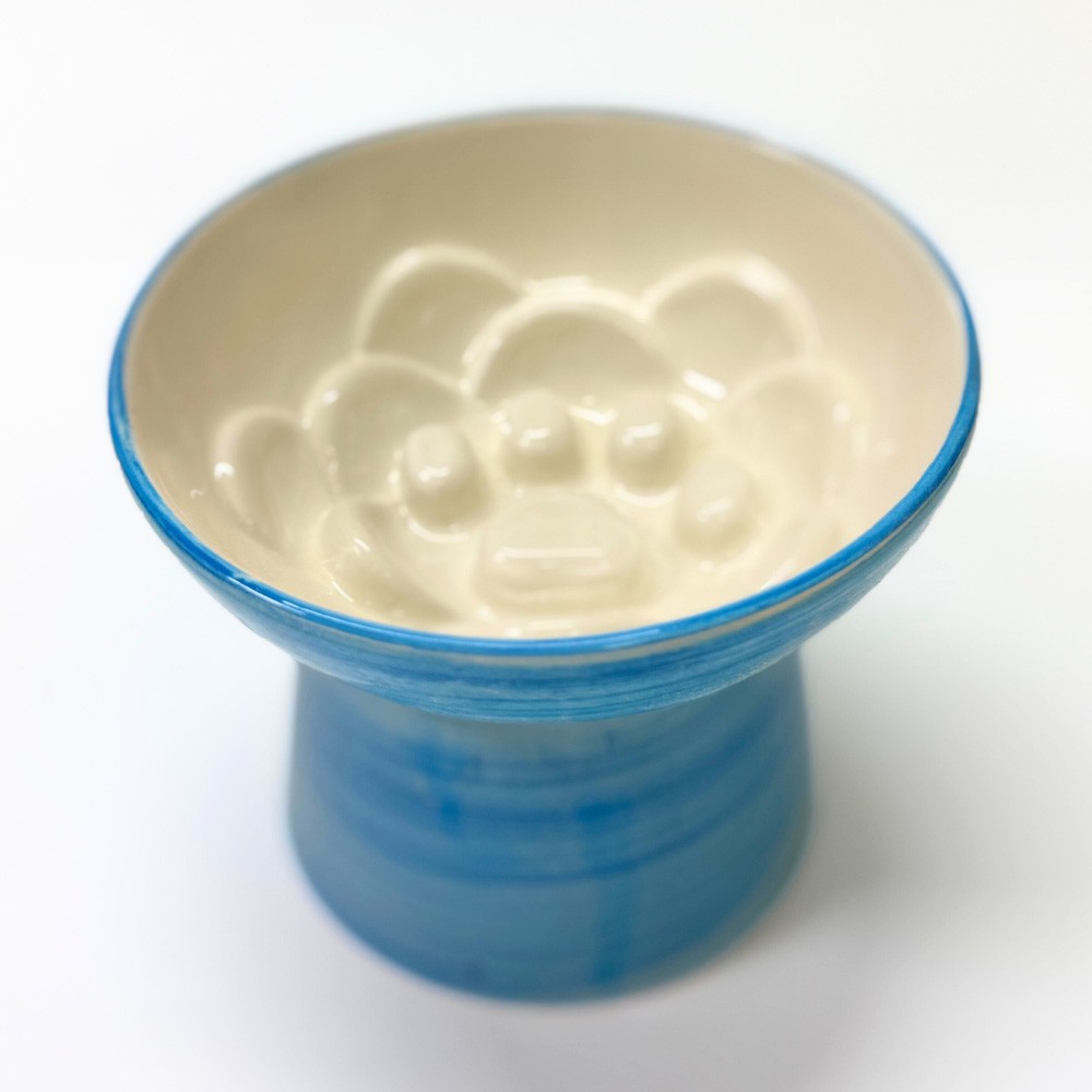 PS25-13- Seramik Yüksek Yavaş Yeme Mama Kabı – 400 ml- Mavi Desen