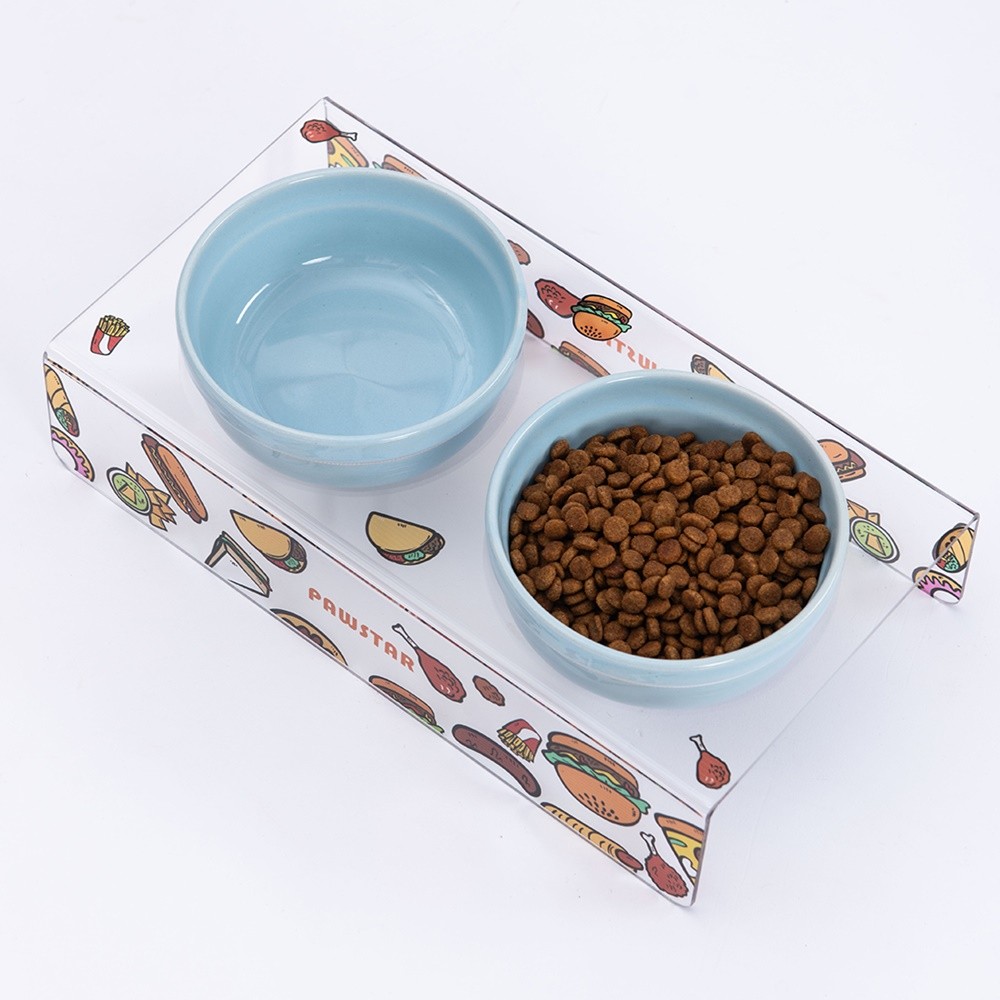 PMK021 Fast Food-İkili Seramik-Pleksi Mama ve Su Kabı