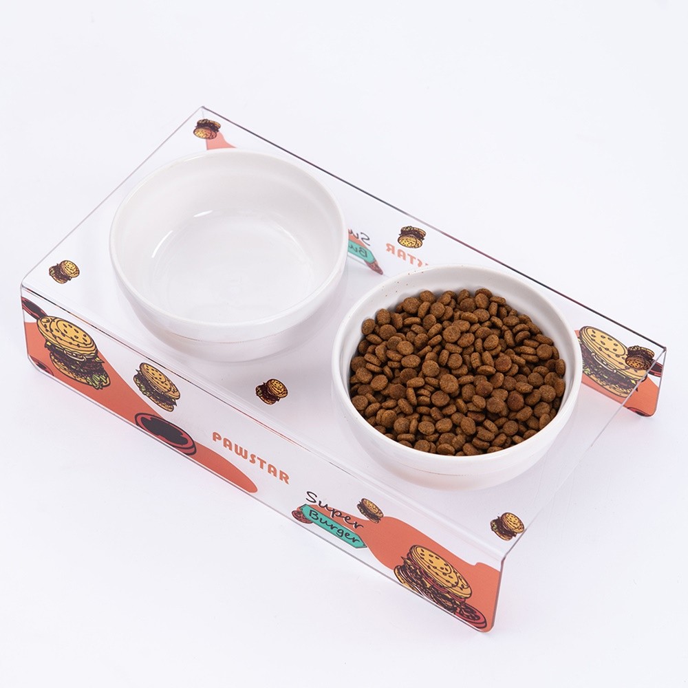 PMK020 Super Burger-İkili Seramik-Pleksi Mama ve Su Kabı