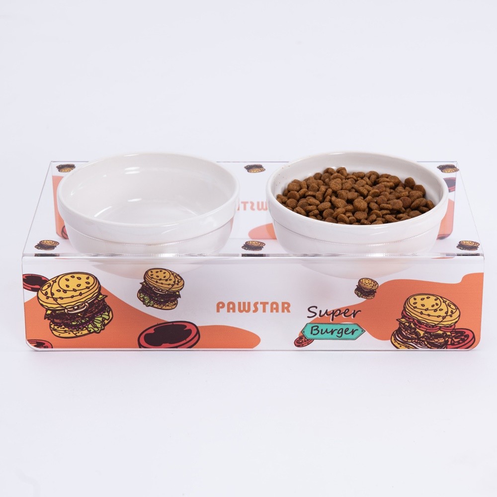 PMK020 Super Burger-İkili Seramik-Pleksi Mama ve Su Kabı