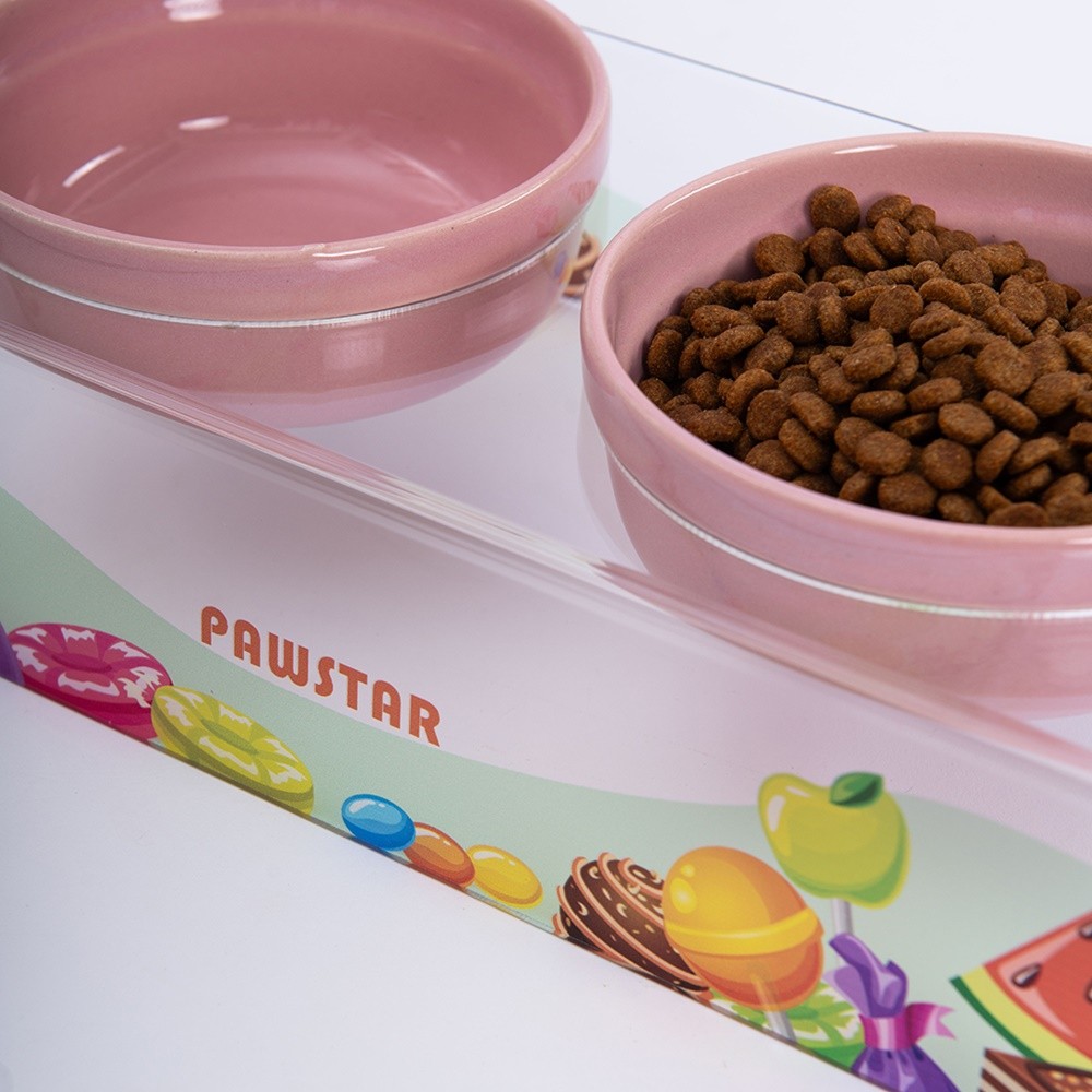 PMK019 Candy-İkili Seramik-Pleksi Mama ve Su Kabı