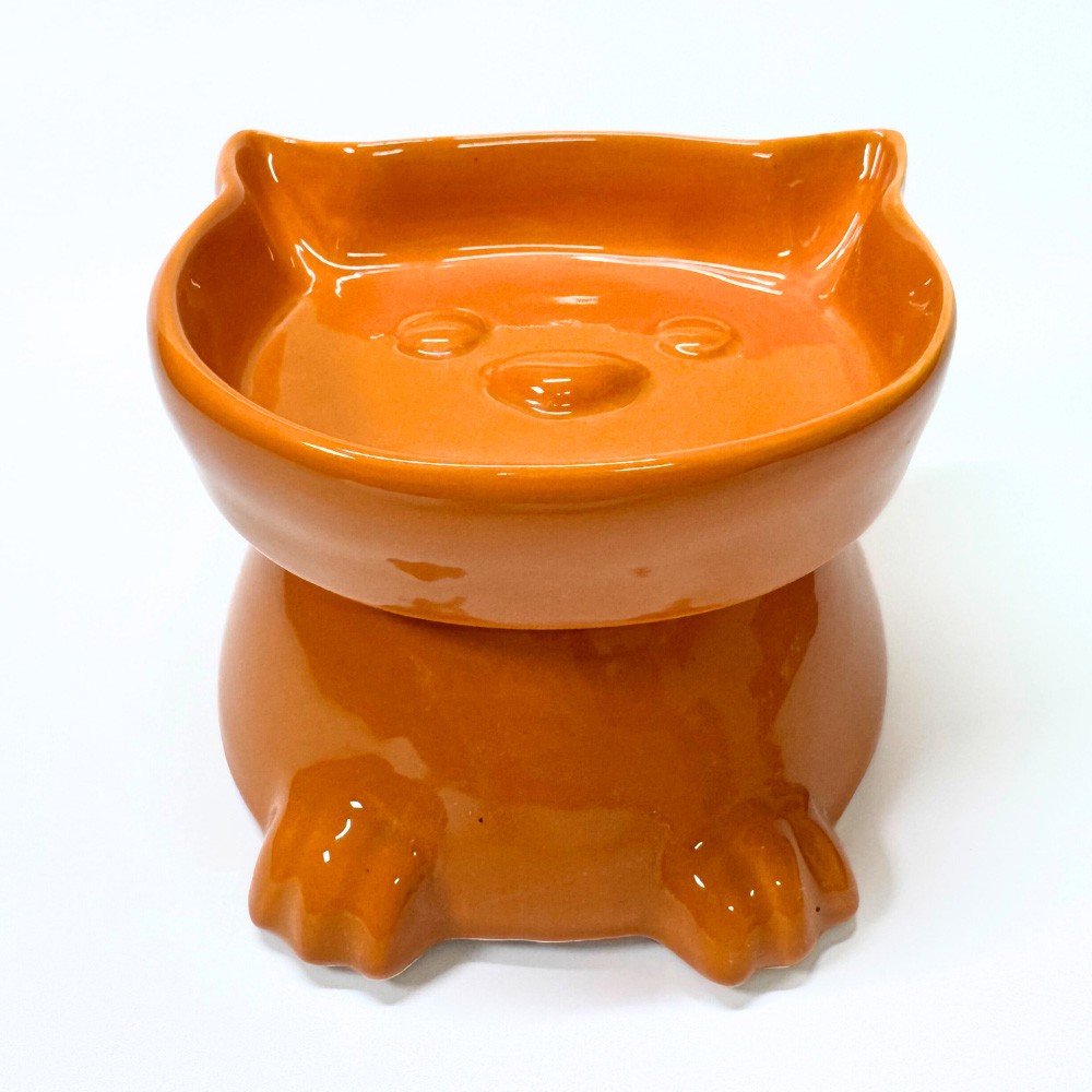 PS25-15- Ayaklı Kedi Kafa Figürlü Seramik Mama Kabı – 300 ml- Turuncu