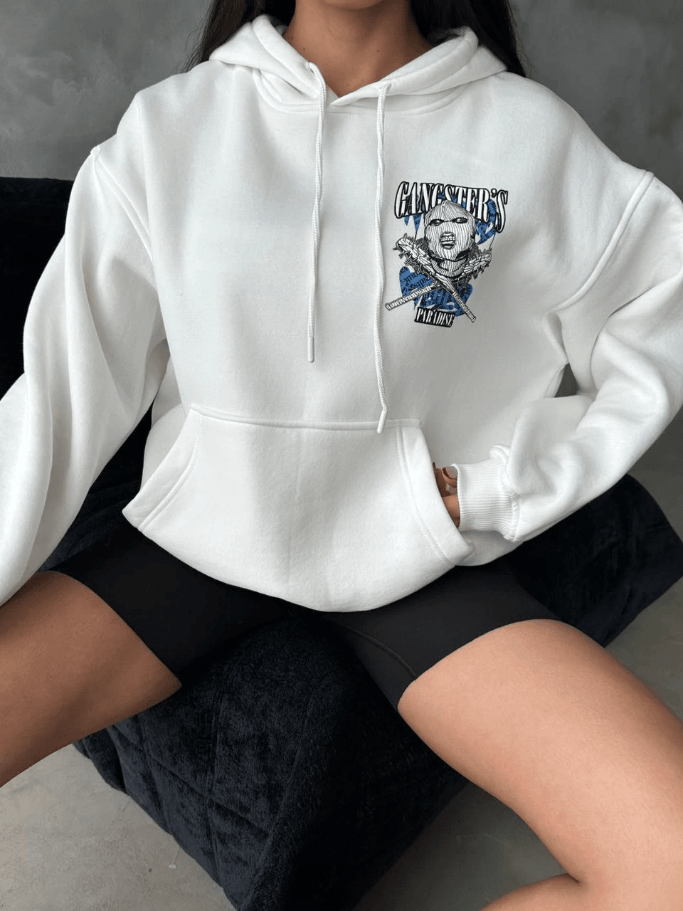 3 iplik şardonlu oversize compact kafa baskılı sweat beyaz