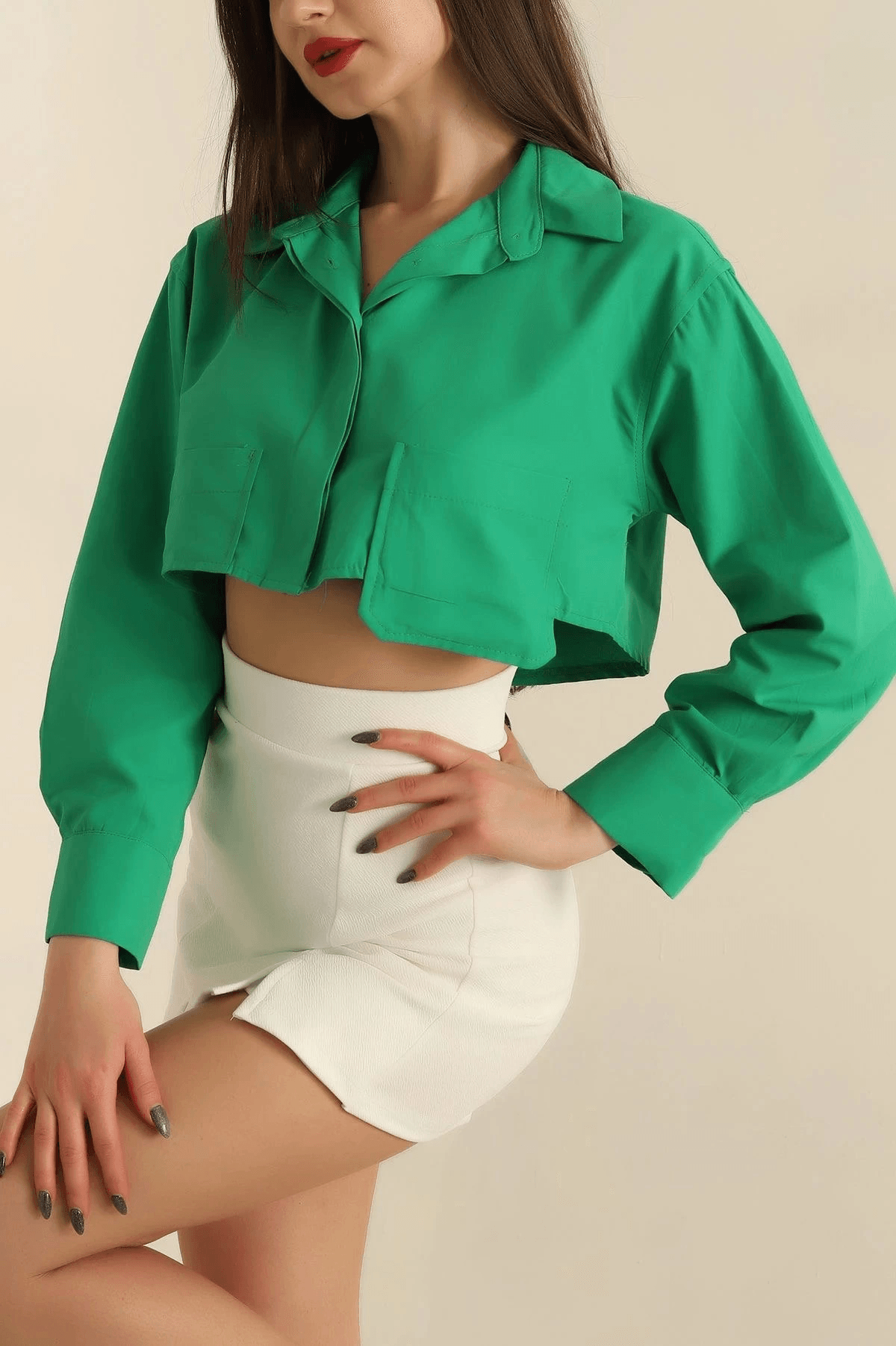 Poplin crop gömlek yeşil s3060