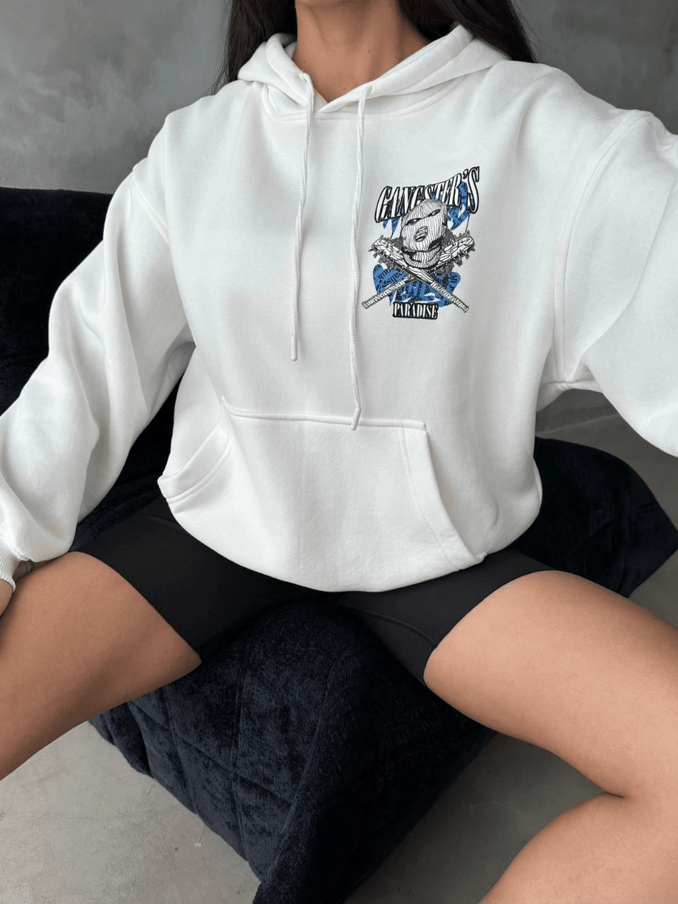 3 iplik şardonlu oversize compact kafa baskılı sweat beyaz