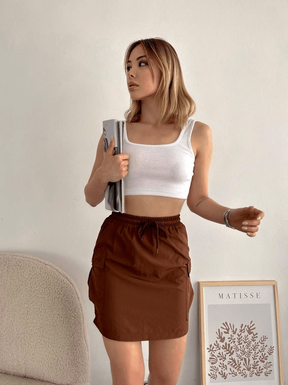 Kargo cep ince paraşüt etek kahve s241019