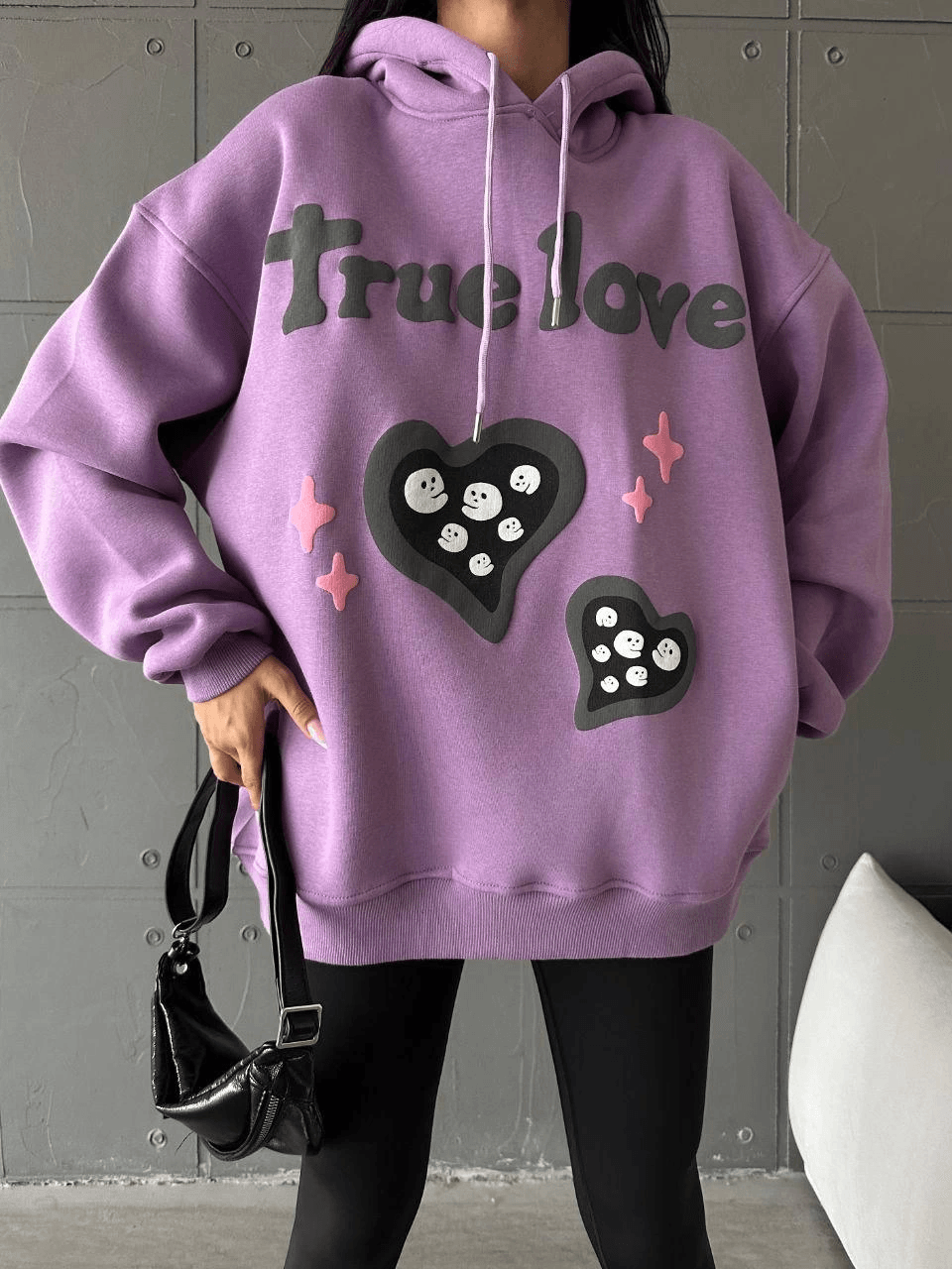 3 iplik şardonlu oversize compact true baskılı sweat mor