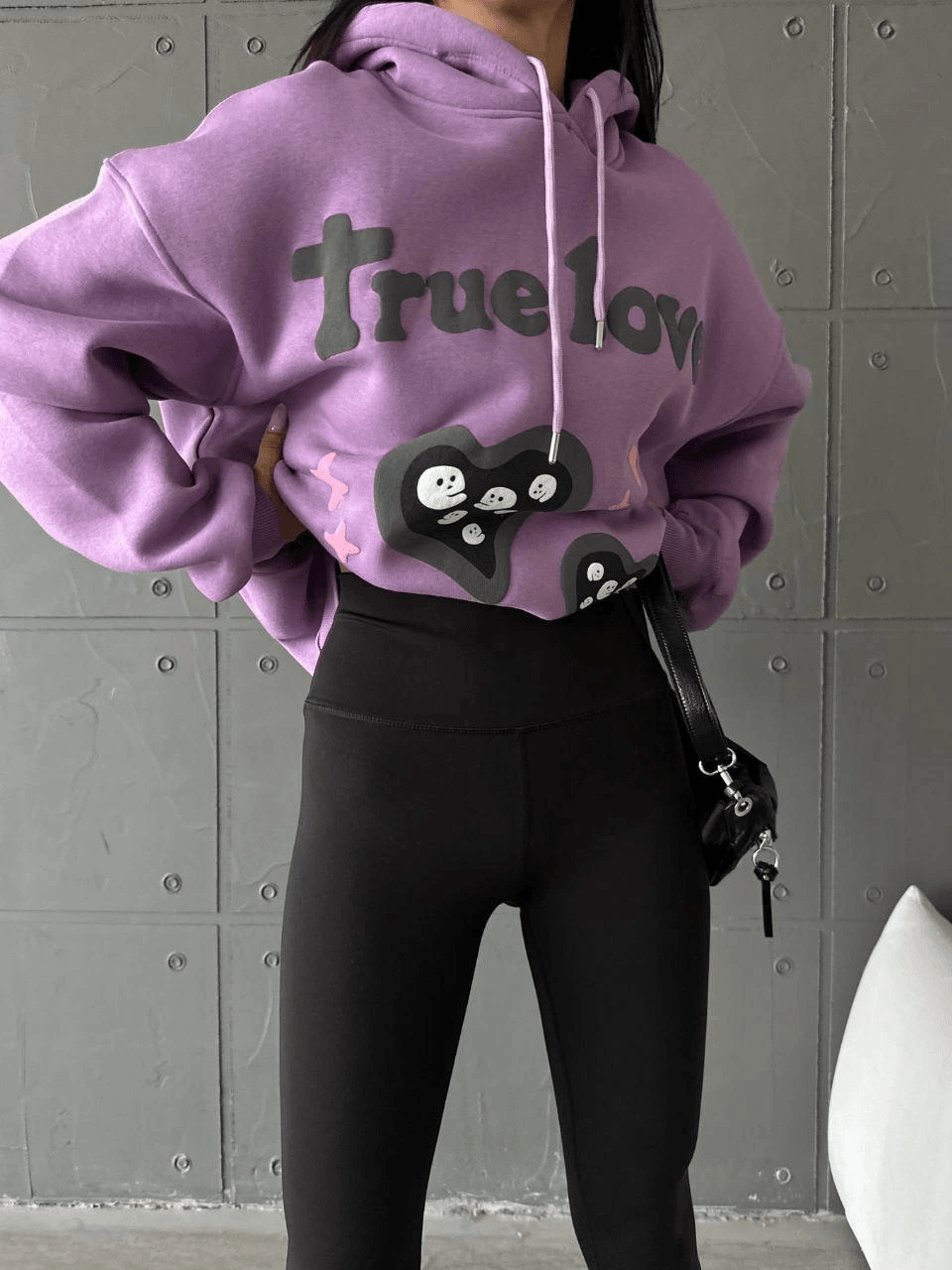 3 iplik şardonlu oversize  true baskılı sweat mor