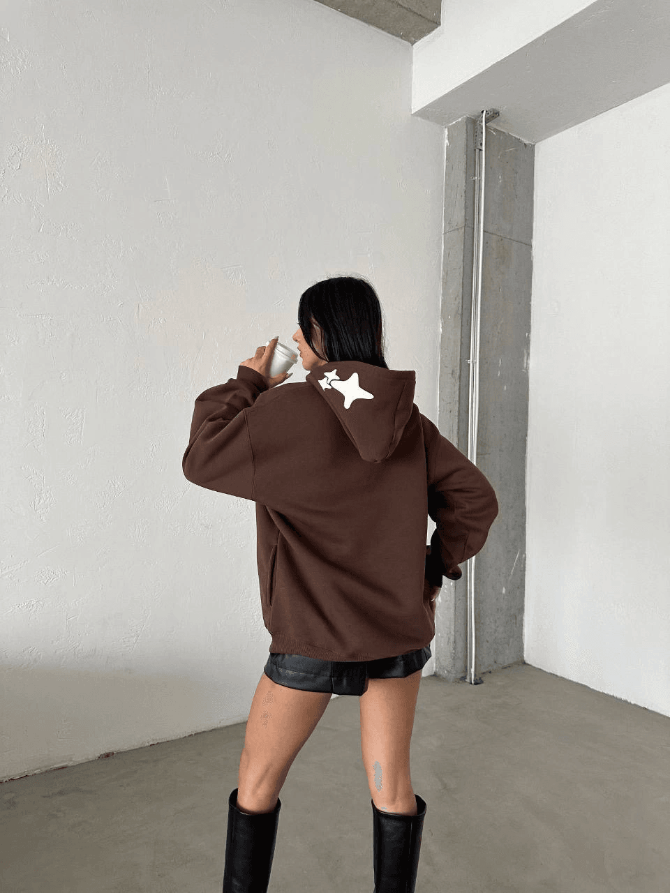 3 iplik şardonlu oversize compact out of baskılı sweat kahve