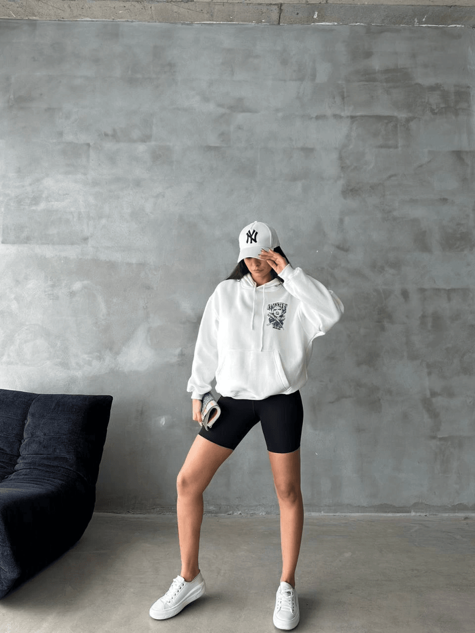 3 iplik şardonlu oversize compact kafa baskılı sweat beyaz