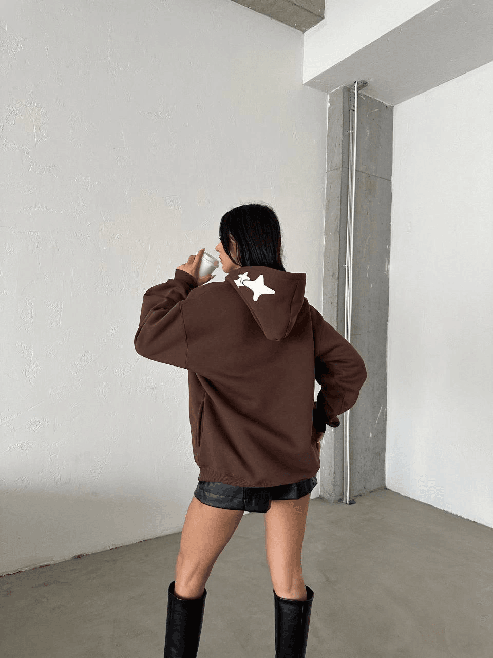 3 iplik şardonlu oversize compact out of baskılı sweat kahve