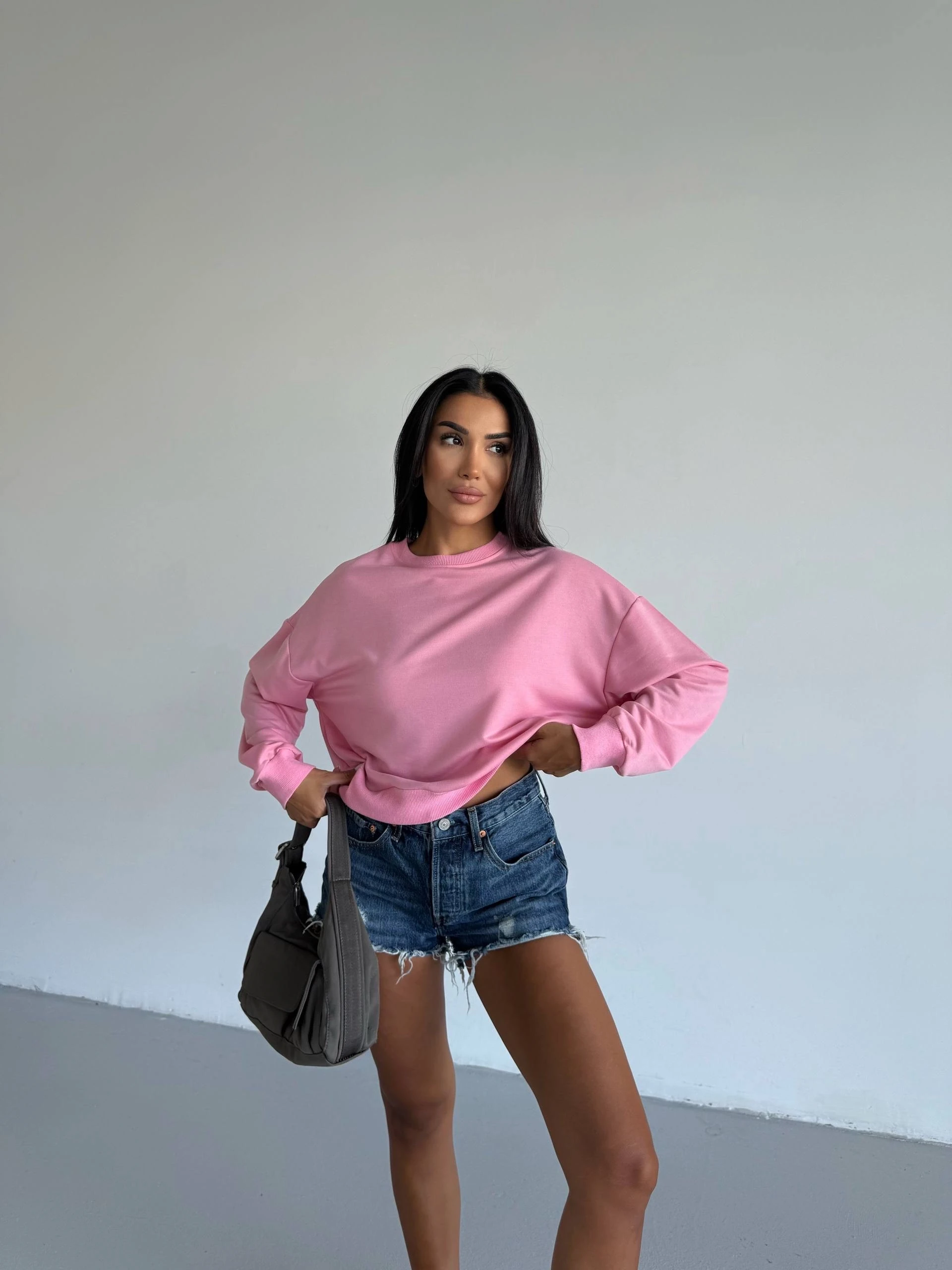 2 iplik bisiklet yaka sweat pembe f2339