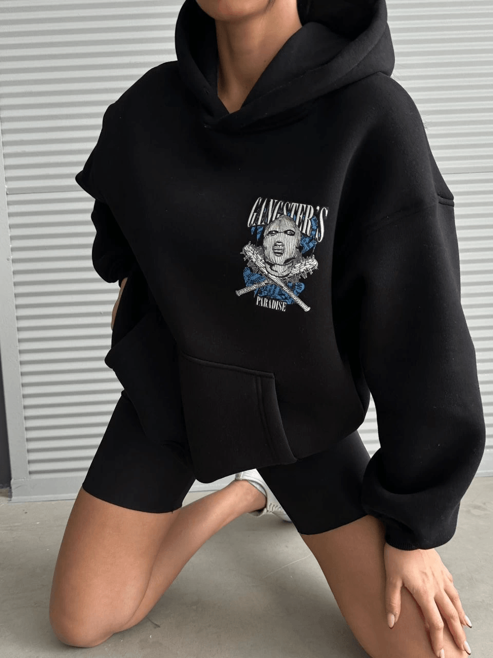 3 iplik şardonlu oversize compact kafa baskılı sweat siyah
