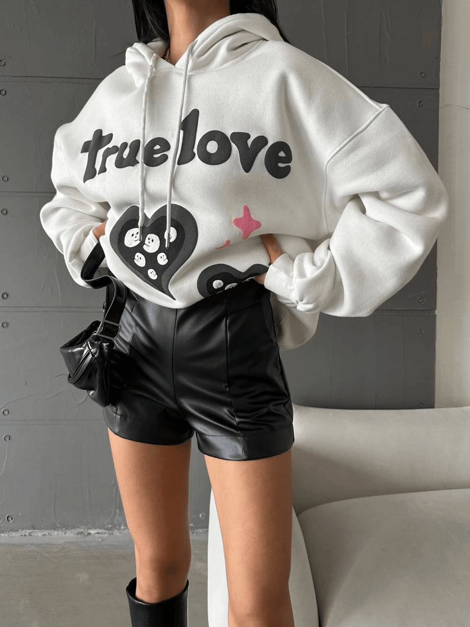 3 iplik şardonlu oversize compact true baskılı sweat Beyaz